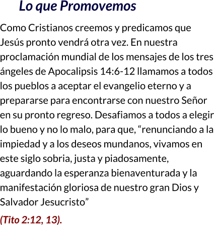 Lo que Promovemos Como Cristianos creemos y predicamos que Jesús pronto vendrá otra vez. En nuestra proclamación mundial de los mensajes de los tres ángeles de Apocalipsis 14:6-12 llamamos a todos los pueblos a aceptar el evangelio eterno y a prepararse para encontrarse con nuestro Señor en su pronto regreso. Desafiamos a todos a elegir lo bueno y no lo malo, para que, “renunciando a la impiedad y a los deseos mundanos, vivamos en este siglo sobria, justa y piadosamente, aguardando la esperanza bienaventurada y la manifestación gloriosa de nuestro gran Dios y Salvador Jesucristo”  (Tito 2:12, 13).